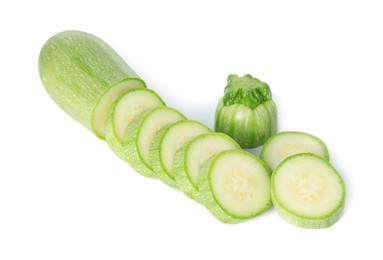 Photo of One fresh cut zucchini isolated on white, above view