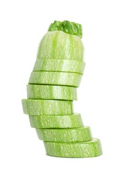 Photo of Stack of fresh zucchini pieces isolated on white