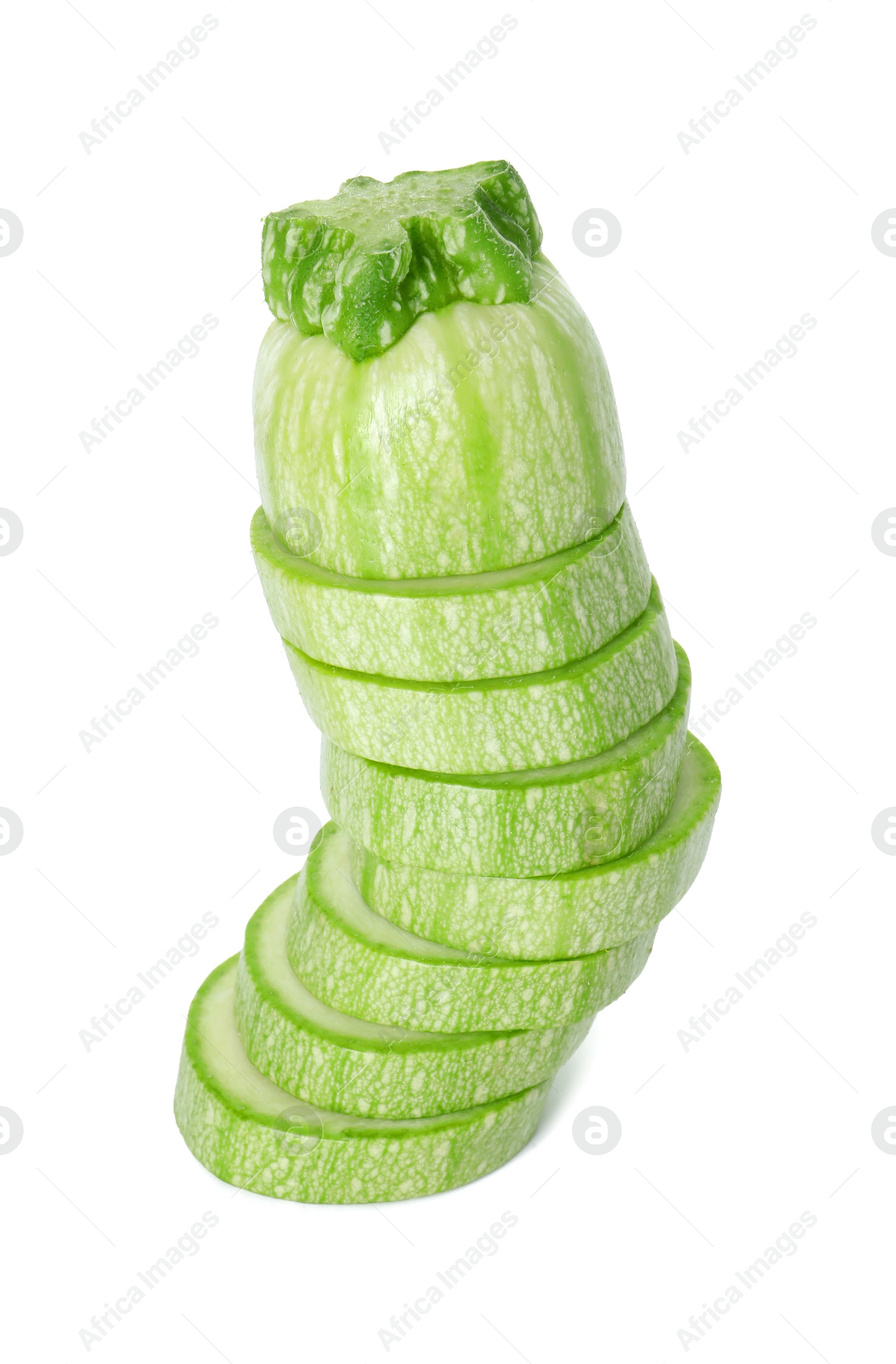 Photo of Stack of fresh zucchini pieces isolated on white