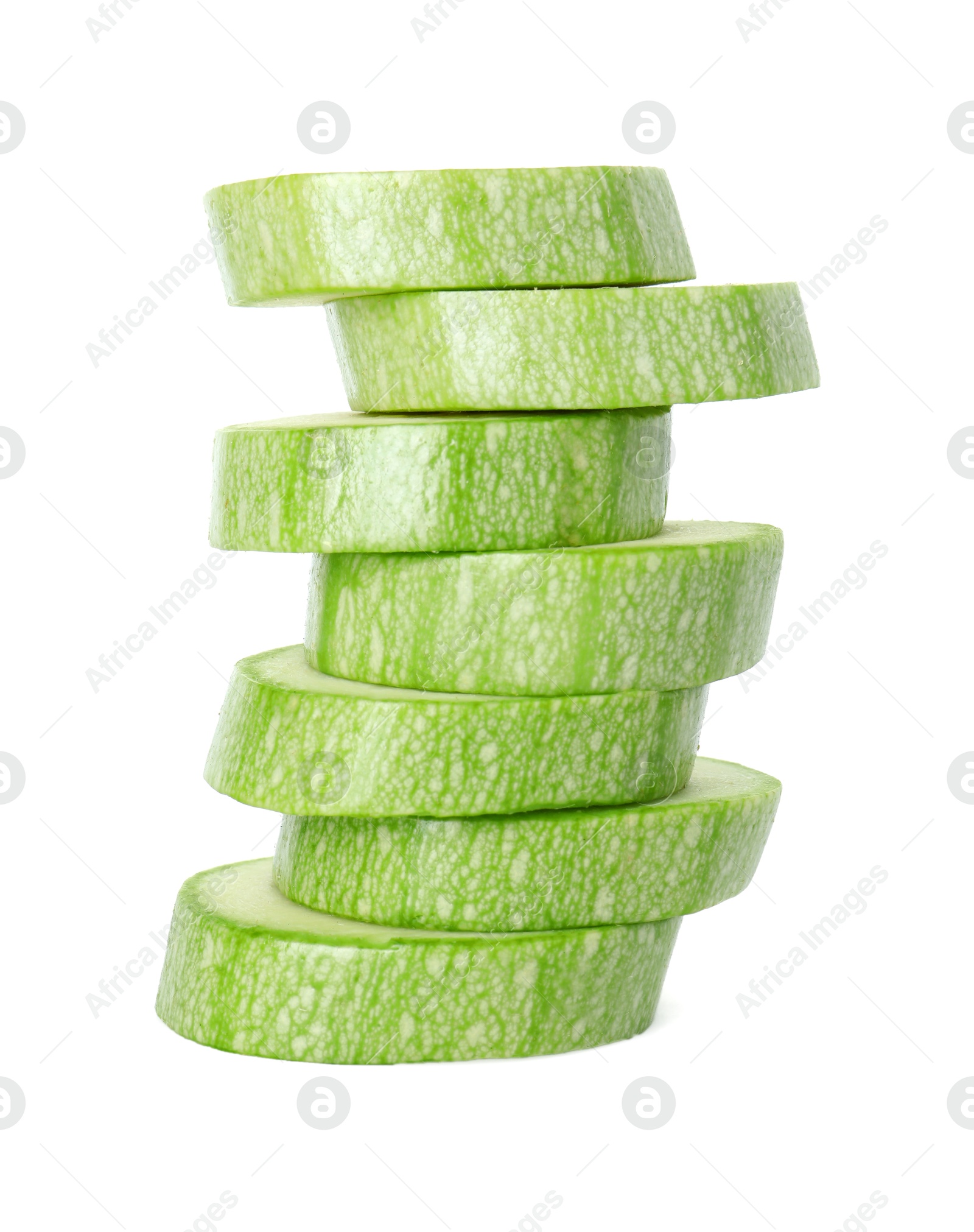 Photo of Stack of fresh zucchini pieces isolated on white