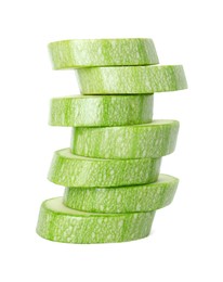 Photo of Stack of fresh zucchini pieces isolated on white