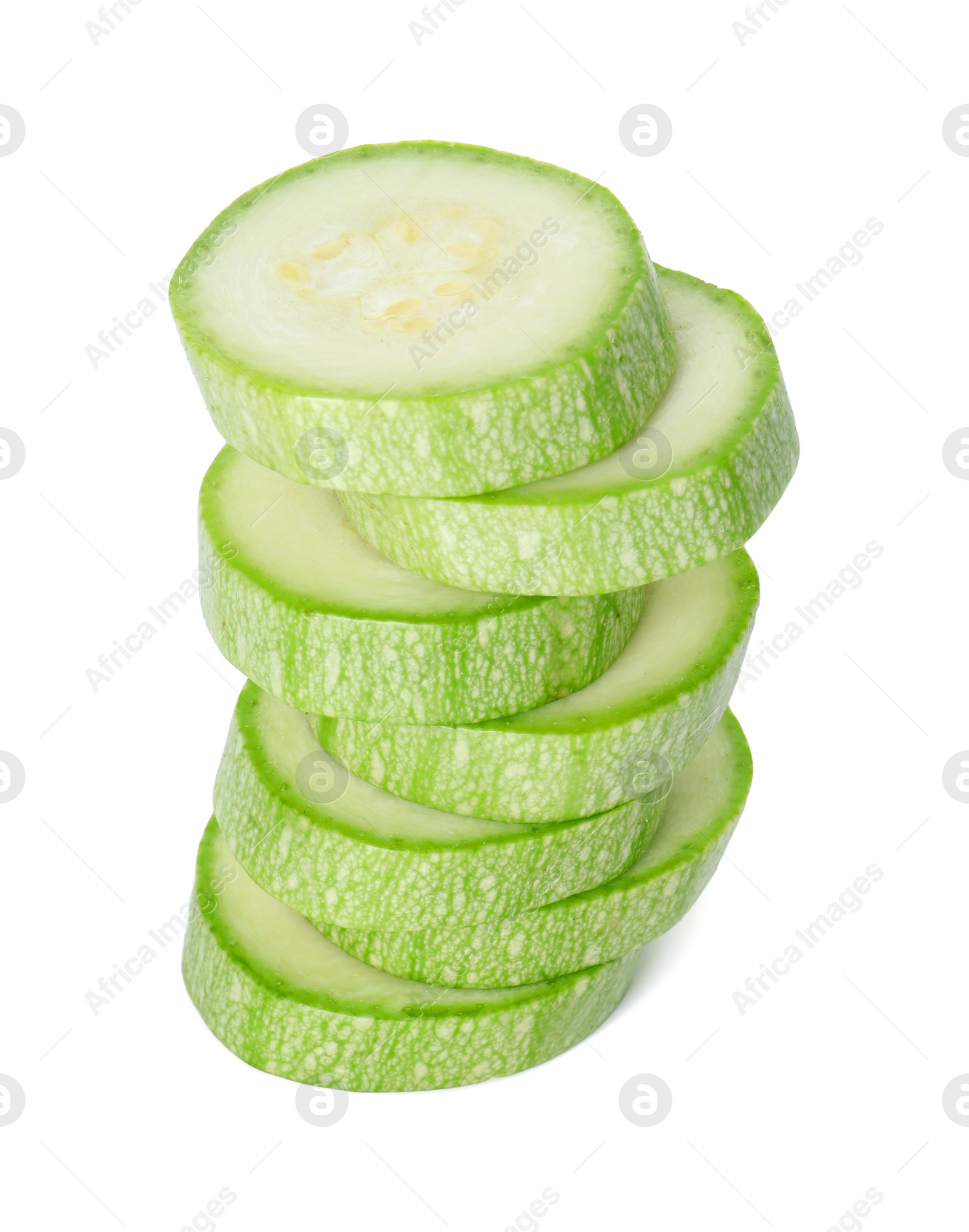 Photo of Stack of fresh zucchini pieces isolated on white