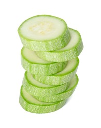 Photo of Stack of fresh zucchini pieces isolated on white