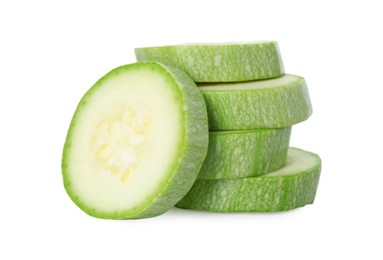 Photo of Stack of fresh zucchini pieces isolated on white