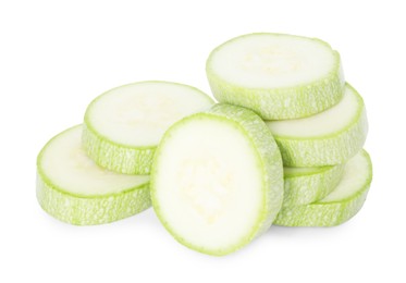 Photo of Pieces of fresh zucchini isolated on white