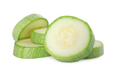 Photo of Pieces of fresh zucchini isolated on white