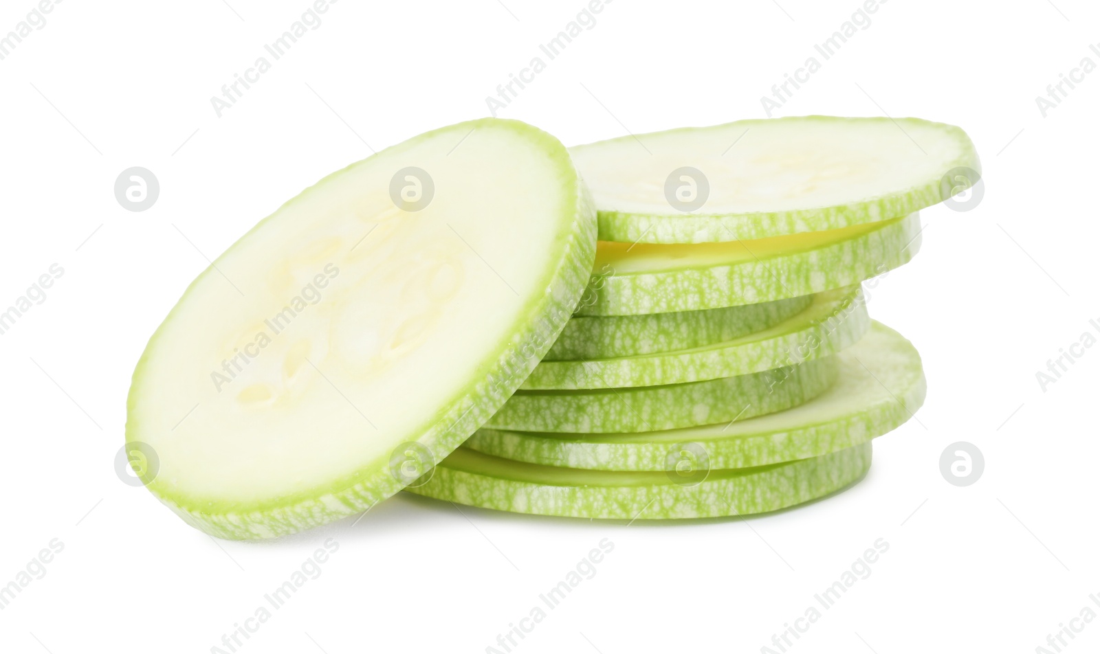 Photo of Stack of fresh zucchini pieces isolated on white