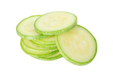 Photo of Pieces of fresh zucchini isolated on white