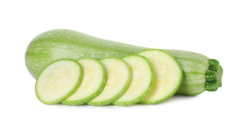 Photo of Fresh whole and cut zucchinis isolated on white