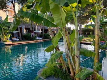 Outdoor swimming pool with clear water at luxury resort