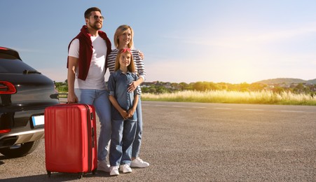 Happy family near car on road trip. Banner design with space for text