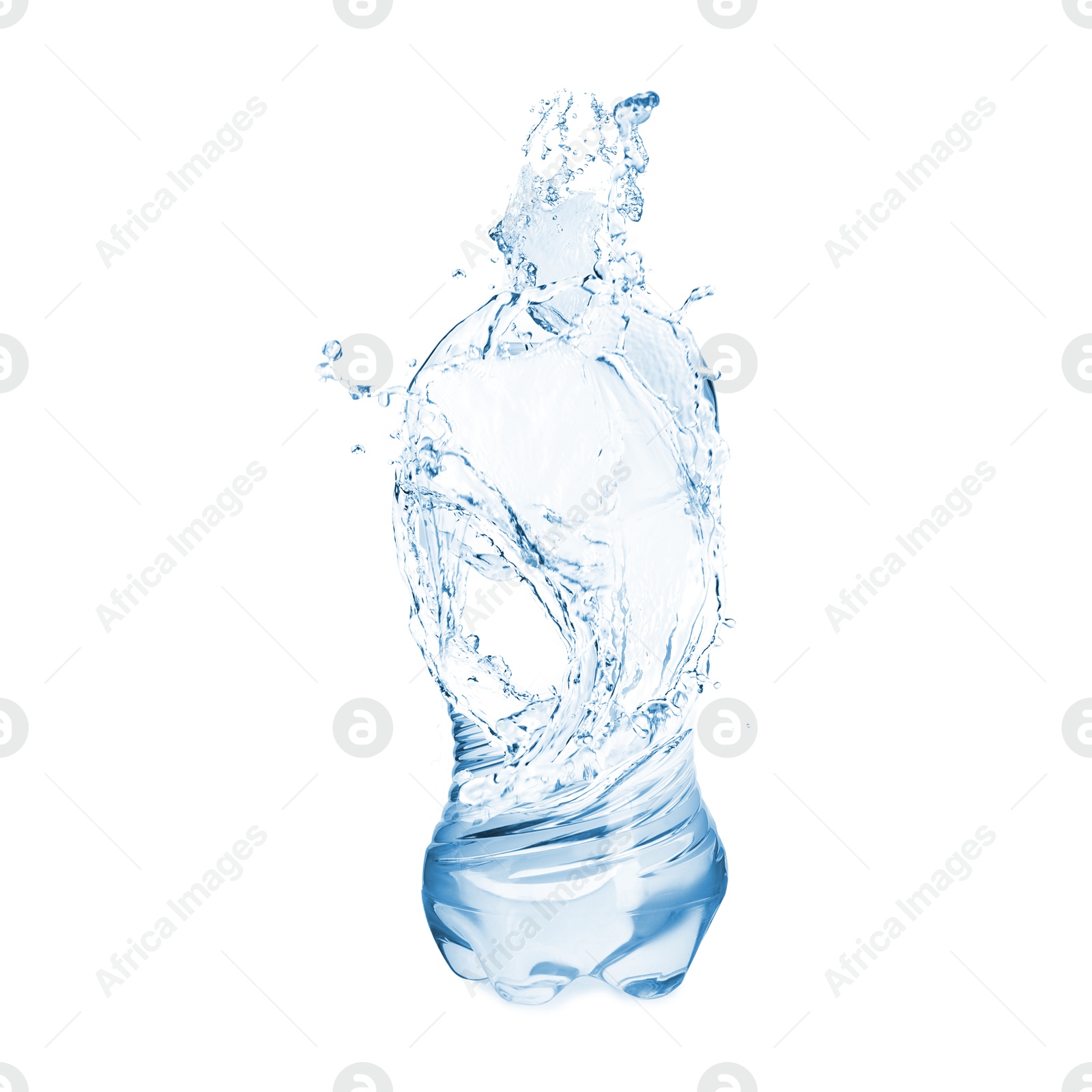 Image of Splashing water continuing shape of bottle on white background