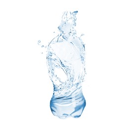 Image of Splashing water continuing shape of bottle on white background