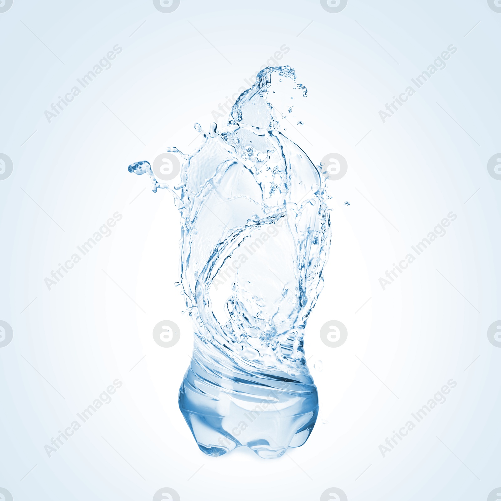 Image of Splashing water continuing shape of bottle on light blue background