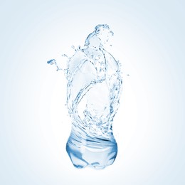 Image of Splashing water continuing shape of bottle on light blue background