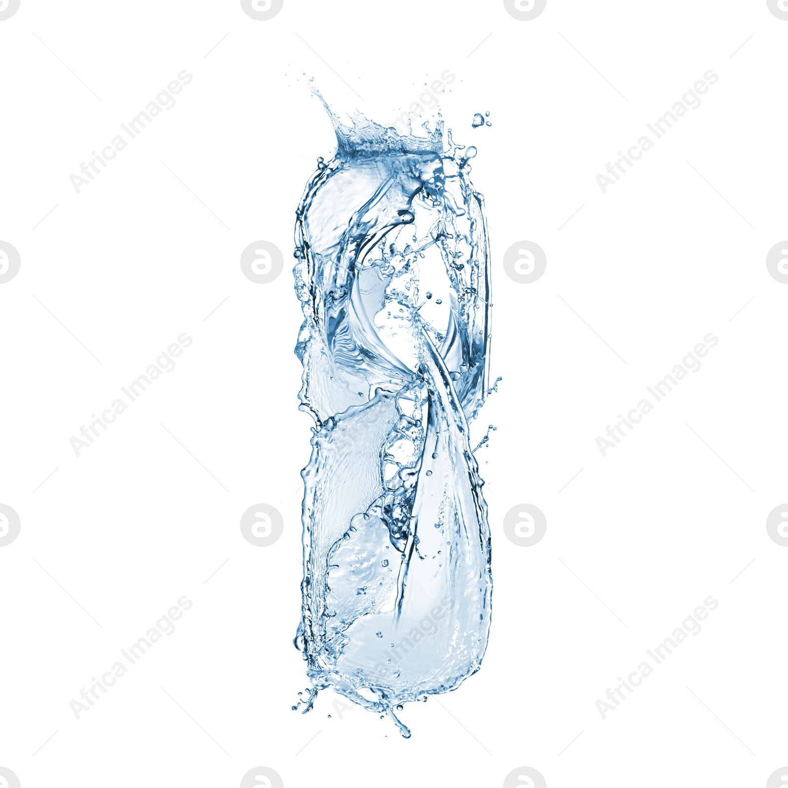 Image of Water splashing in contour of bottle on white background