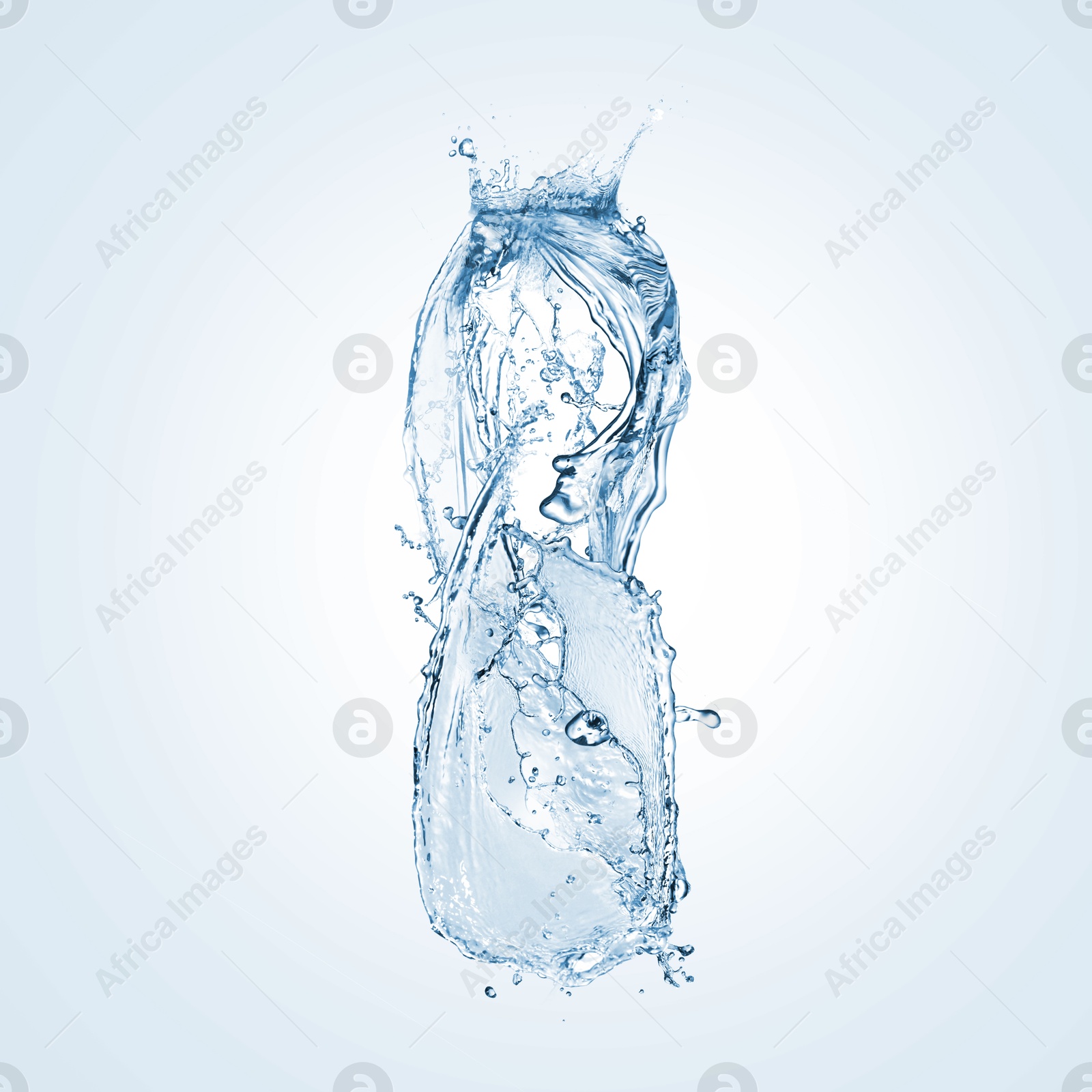 Image of Water splashing in contour of bottle on light blue background