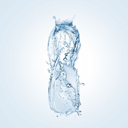 Image of Water splashing in contour of bottle on light blue background