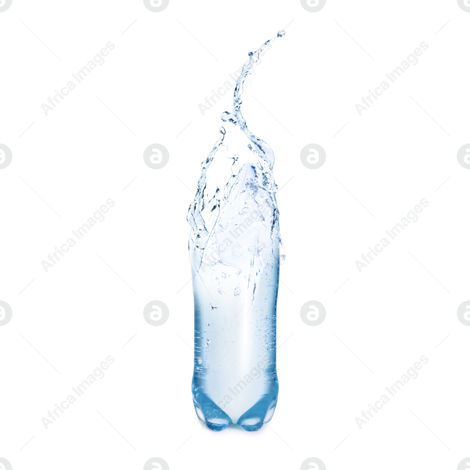 Image of Splashing water continuing shape of bottle on white background