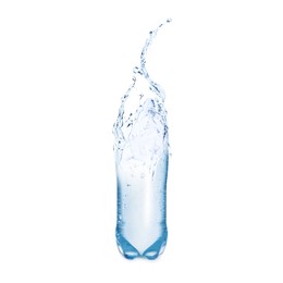 Image of Splashing water continuing shape of bottle on white background