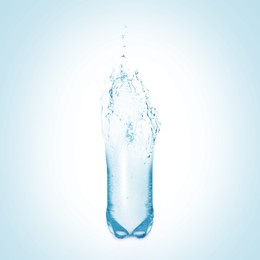 Image of Splashing water continuing shape of bottle on light blue background