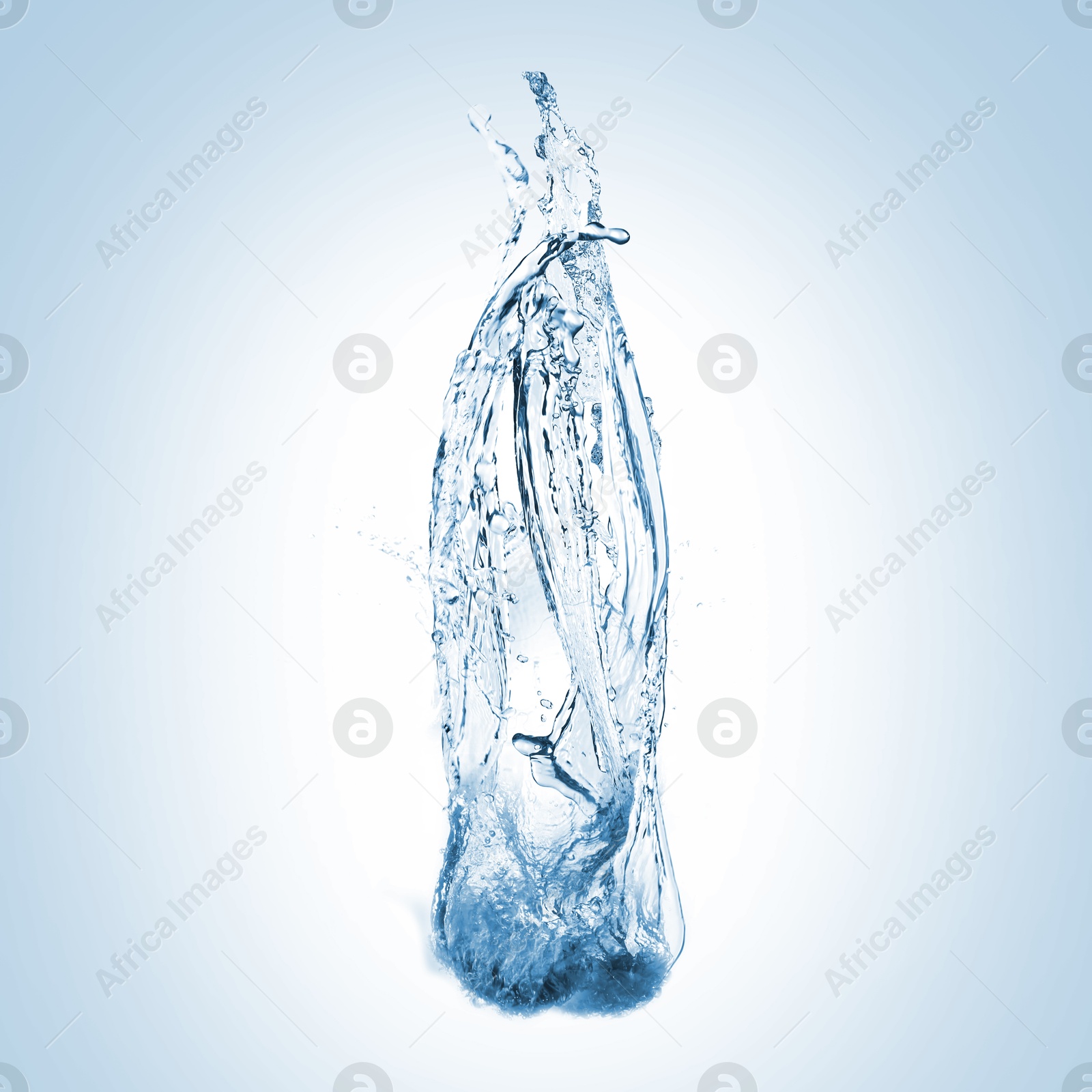 Image of Water splashing in contour of bottle on light blue background