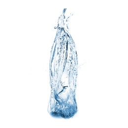 Image of Water splashing in contour of bottle on white background