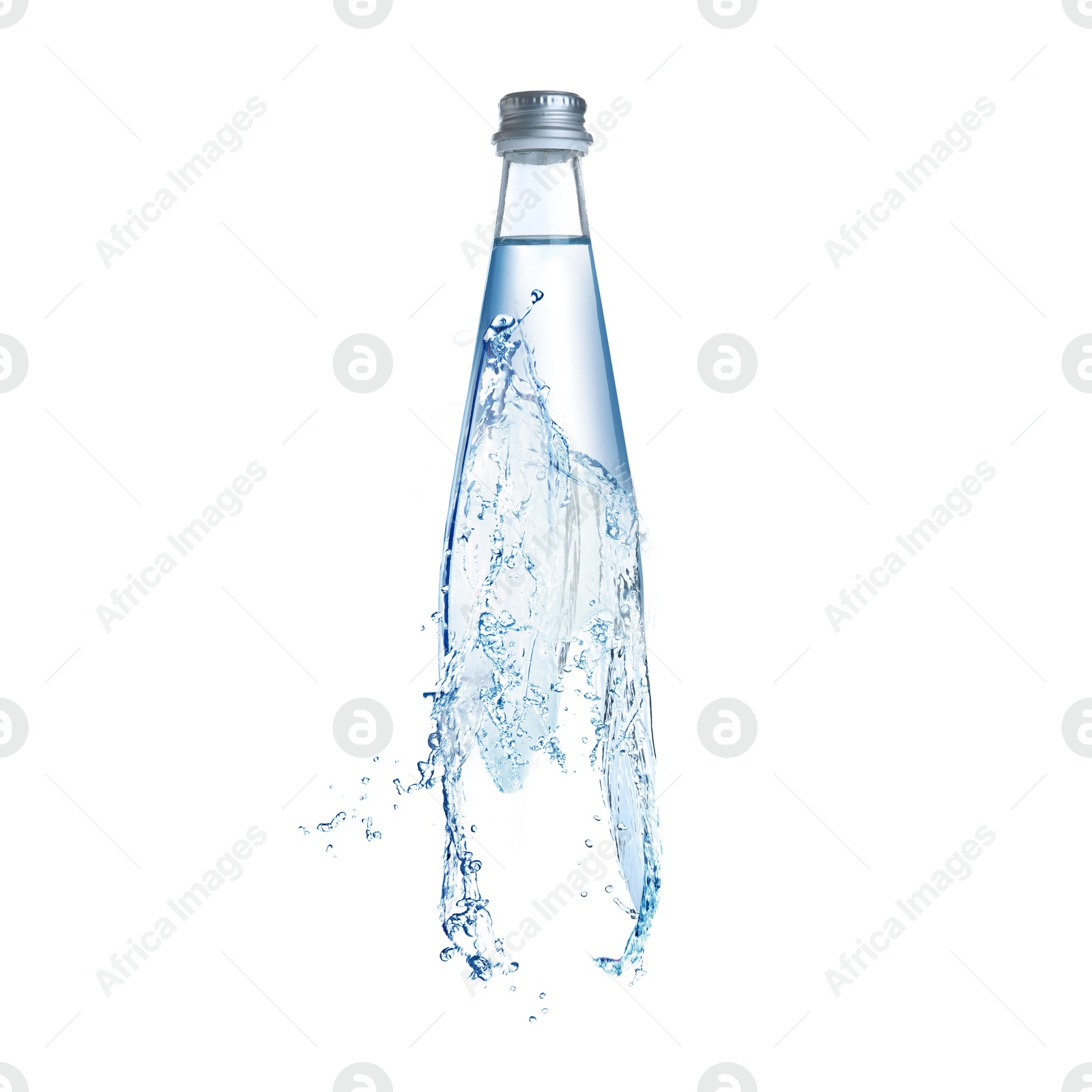 Image of Splashing water continuing shape of bottle on white background