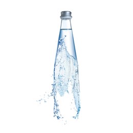 Image of Splashing water continuing shape of bottle on white background