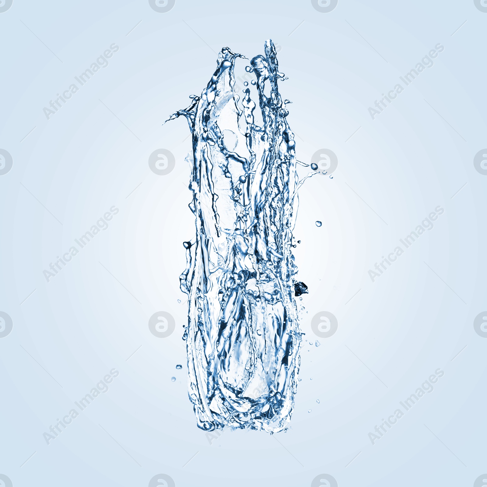 Image of Water splashing in contour of bottle on light blue background