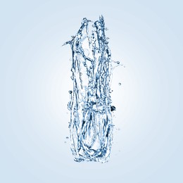 Image of Water splashing in contour of bottle on light blue background