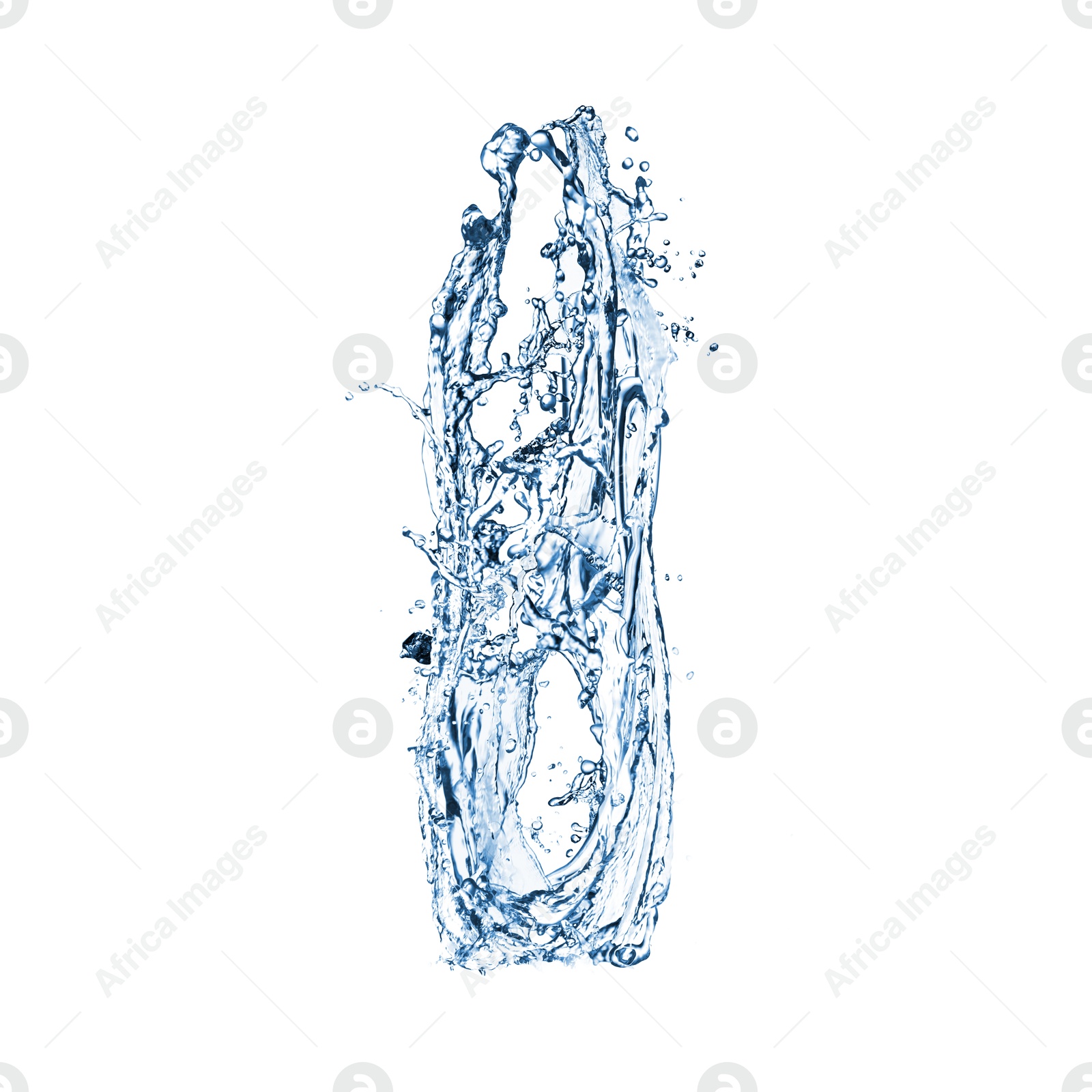 Image of Water splashing in contour of bottle on white background