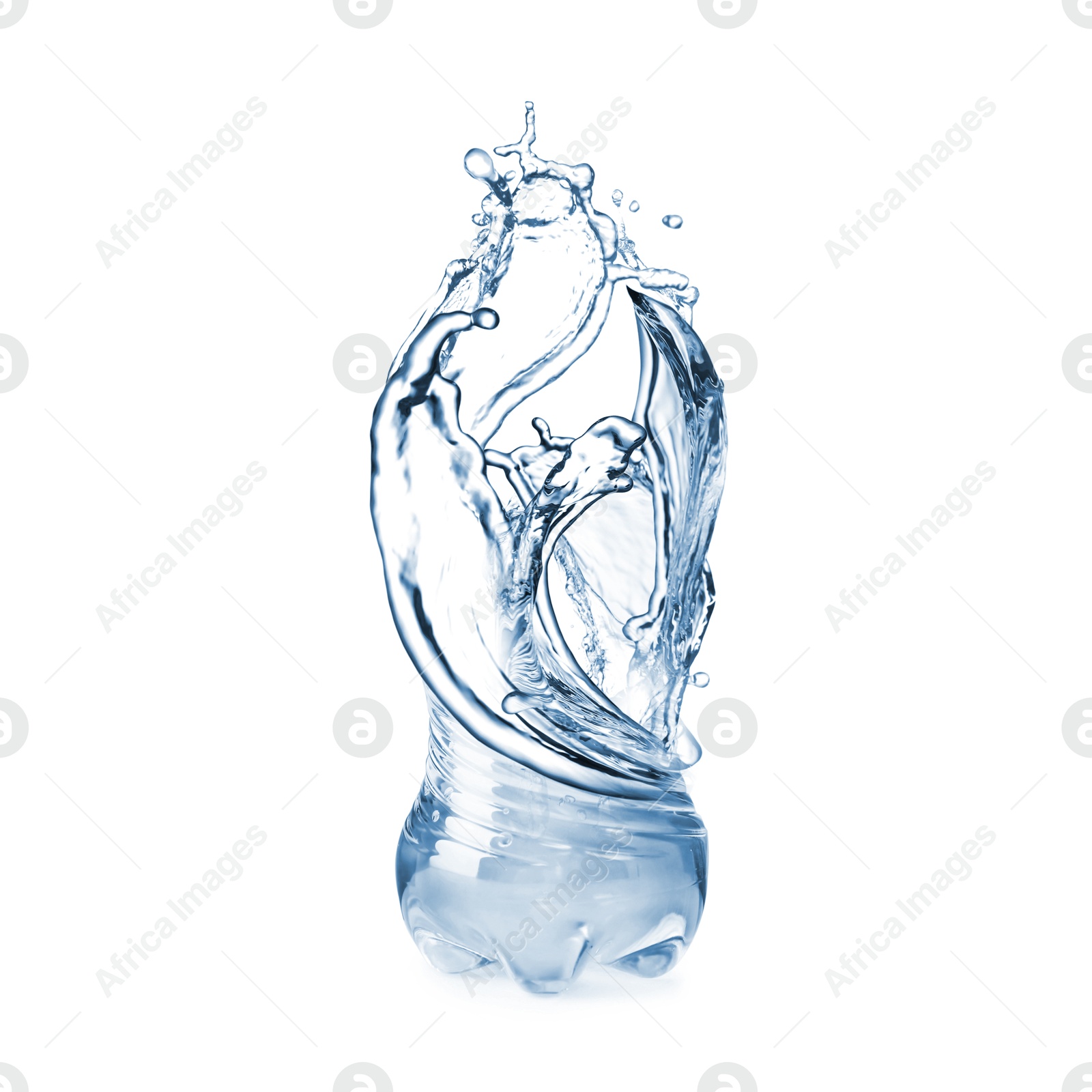 Image of Splashing water continuing shape of bottle on white background