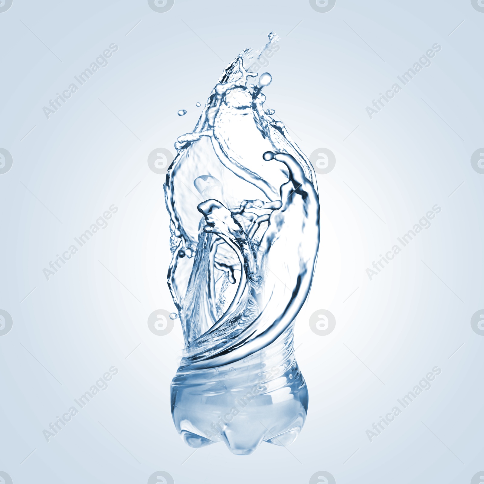 Image of Splashing water continuing shape of bottle on light blue background