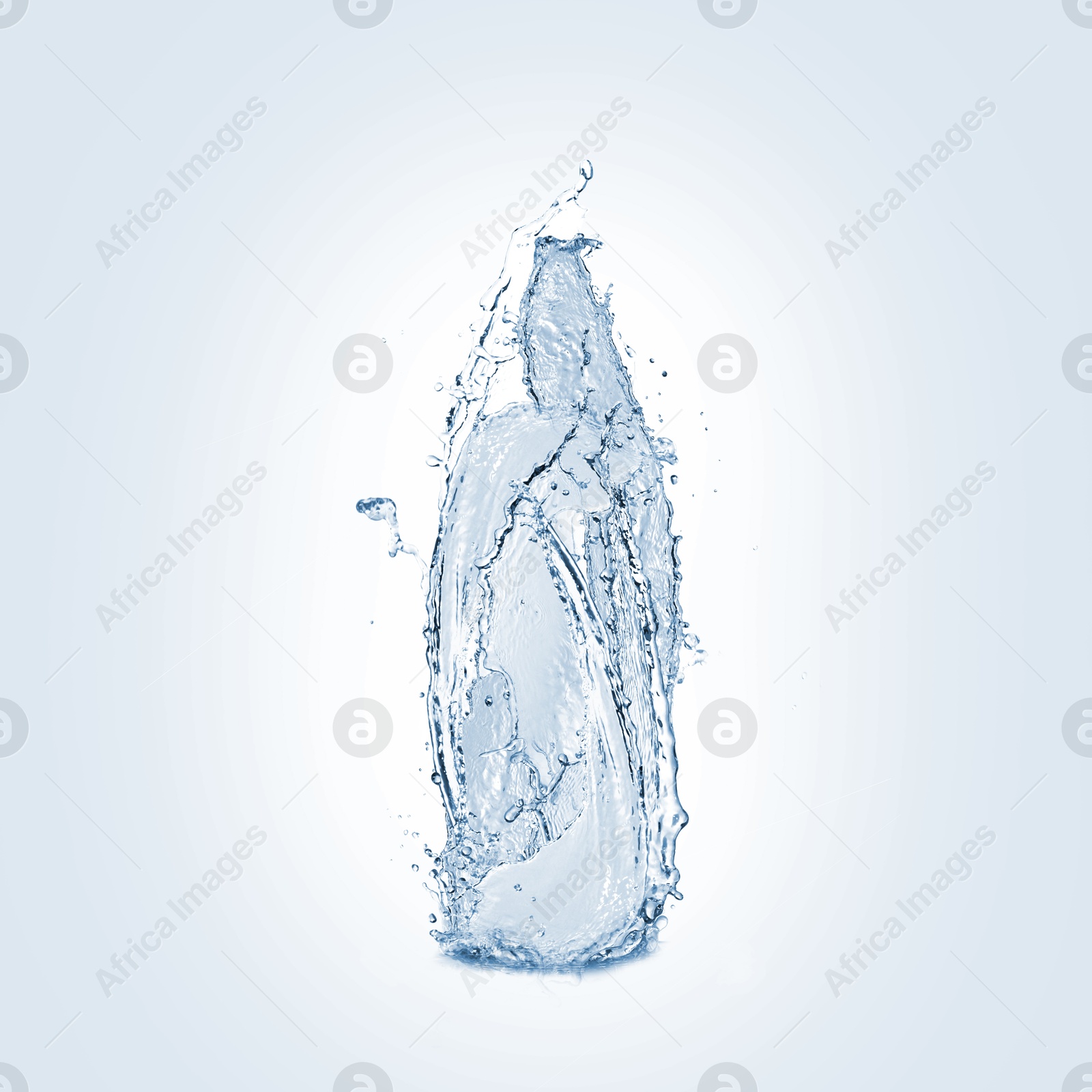 Image of Water splashing in contour of bottle on light blue background