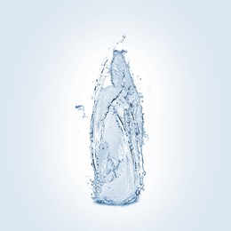 Image of Water splashing in contour of bottle on light blue background