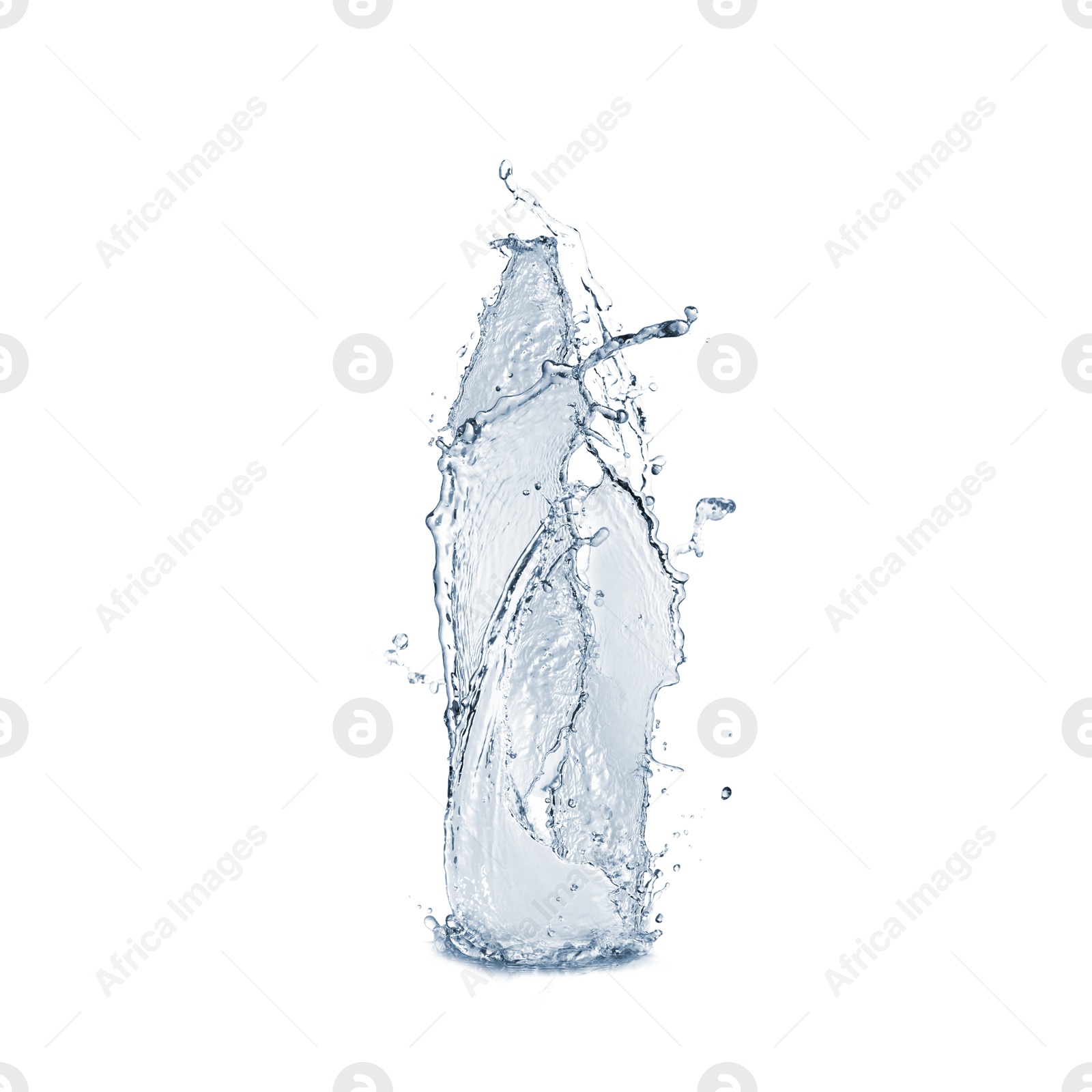 Image of Water splashing in contour of bottle on white background