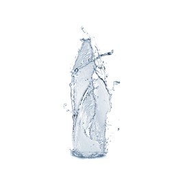 Image of Water splashing in contour of bottle on white background