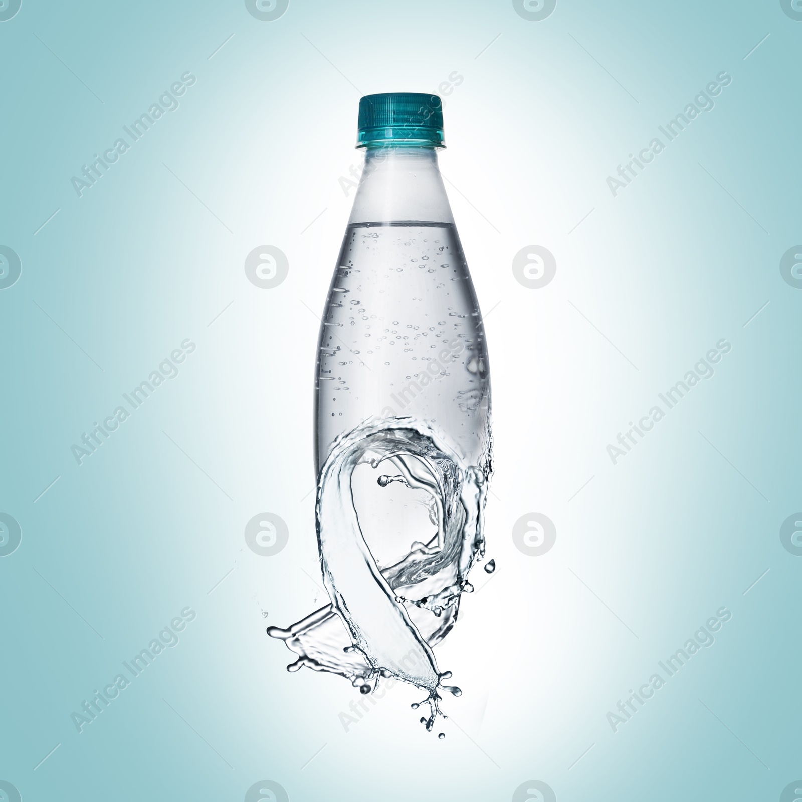 Image of Bottle with splashing water on turquoise gradient background