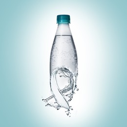 Image of Bottle with splashing water on turquoise gradient background