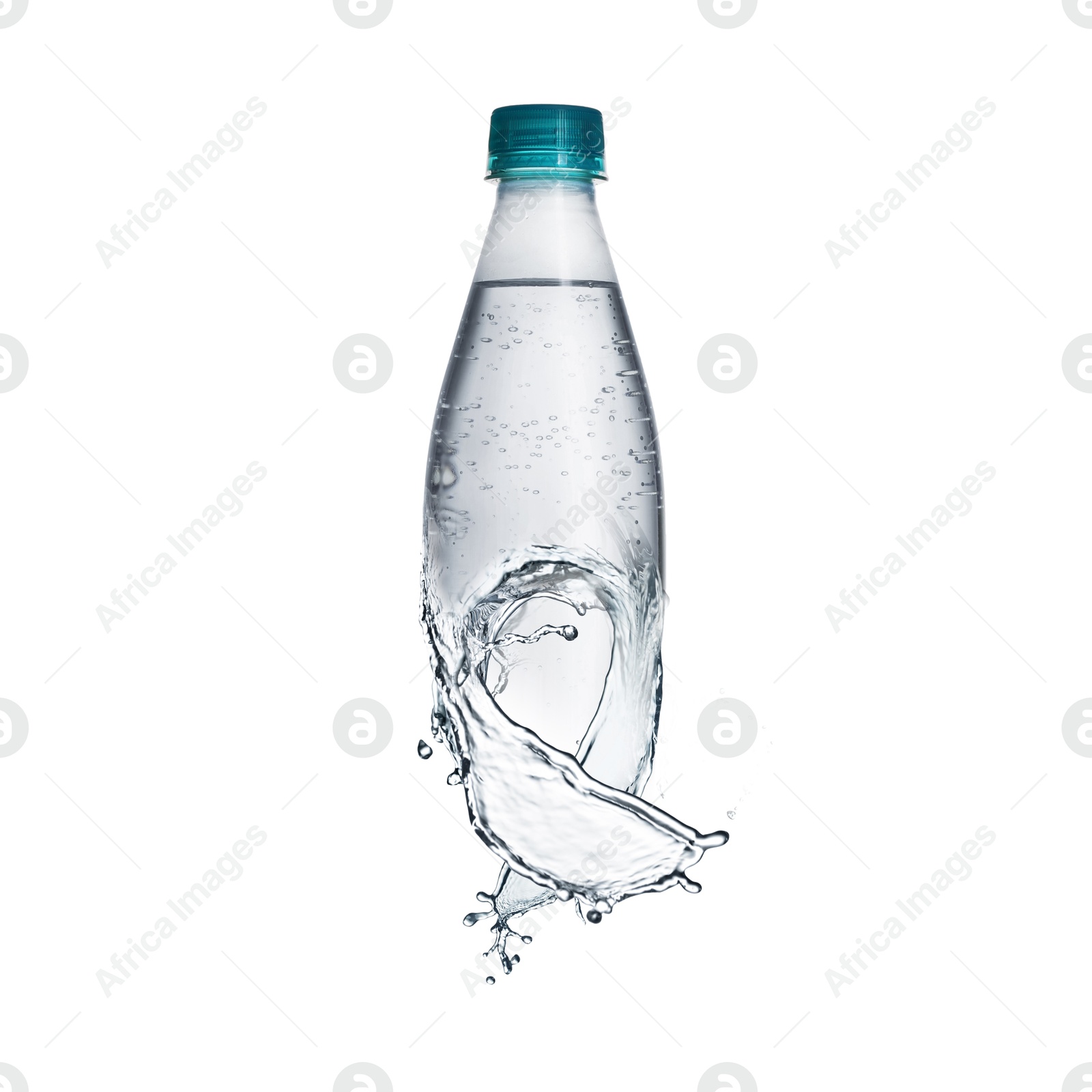 Image of Bottle with splashing water on white background