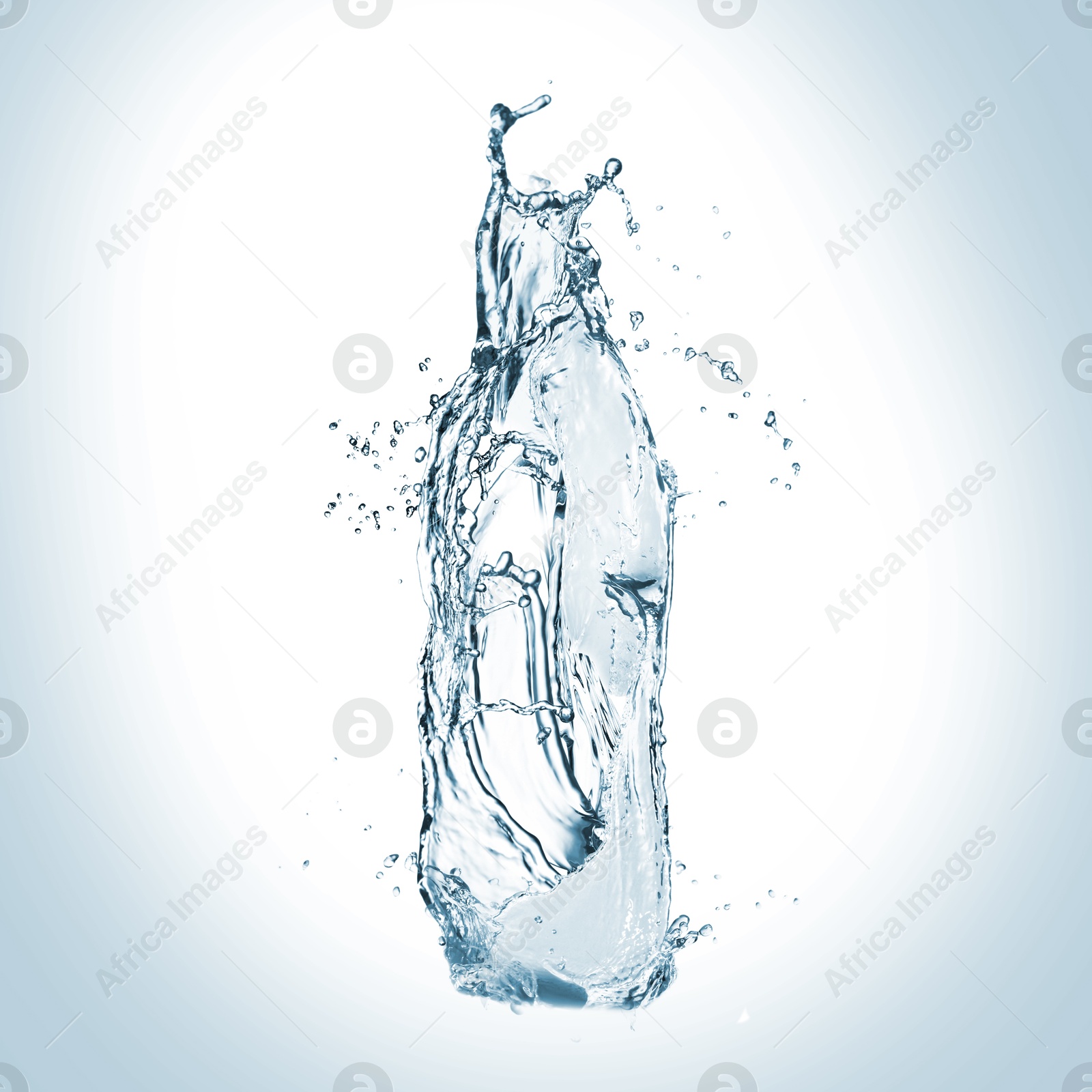 Image of Water splashing in contour of bottle on light blue background