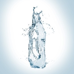 Image of Water splashing in contour of bottle on light blue background