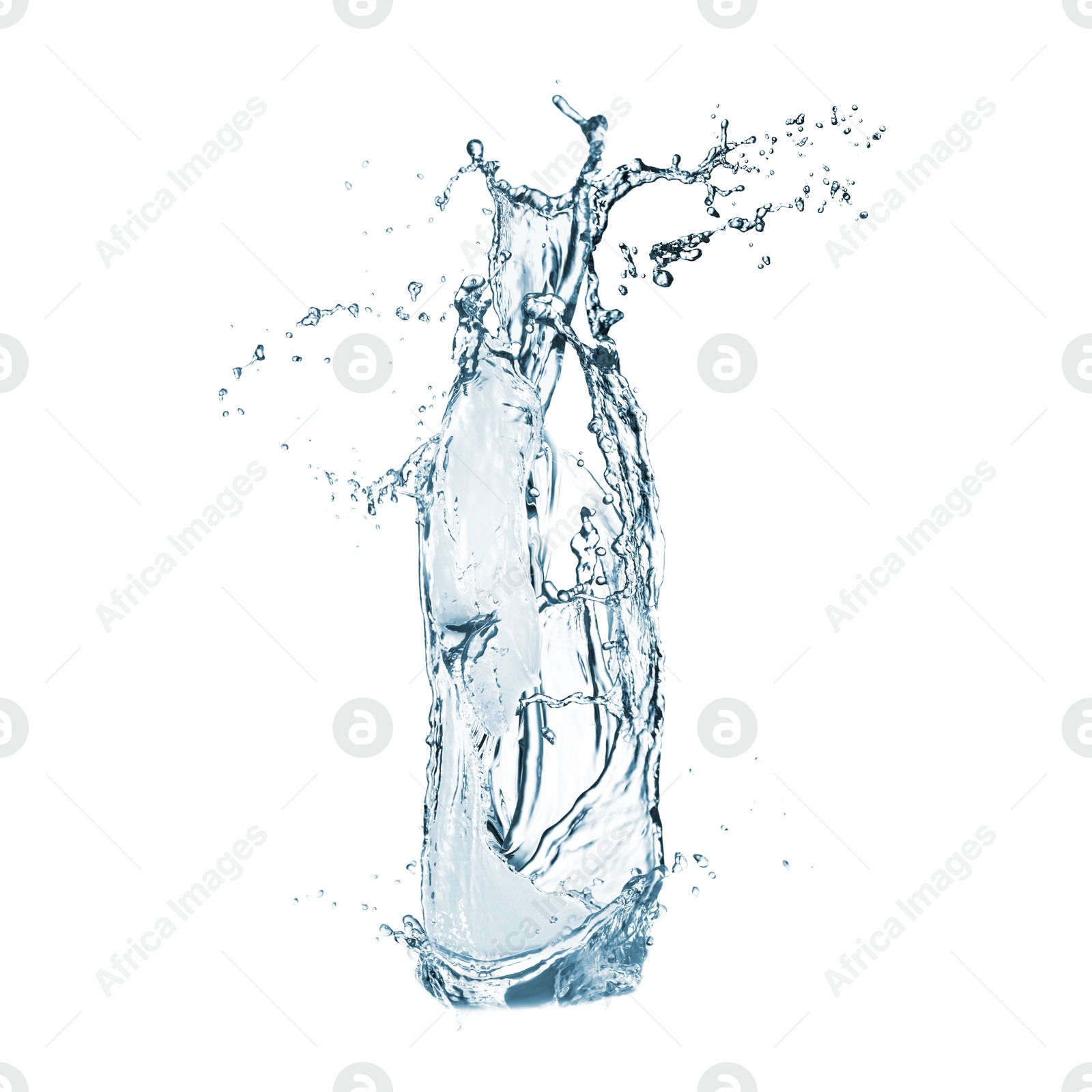 Image of Water splashing in contour of bottle on white background