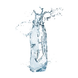 Image of Water splashing in contour of bottle on white background