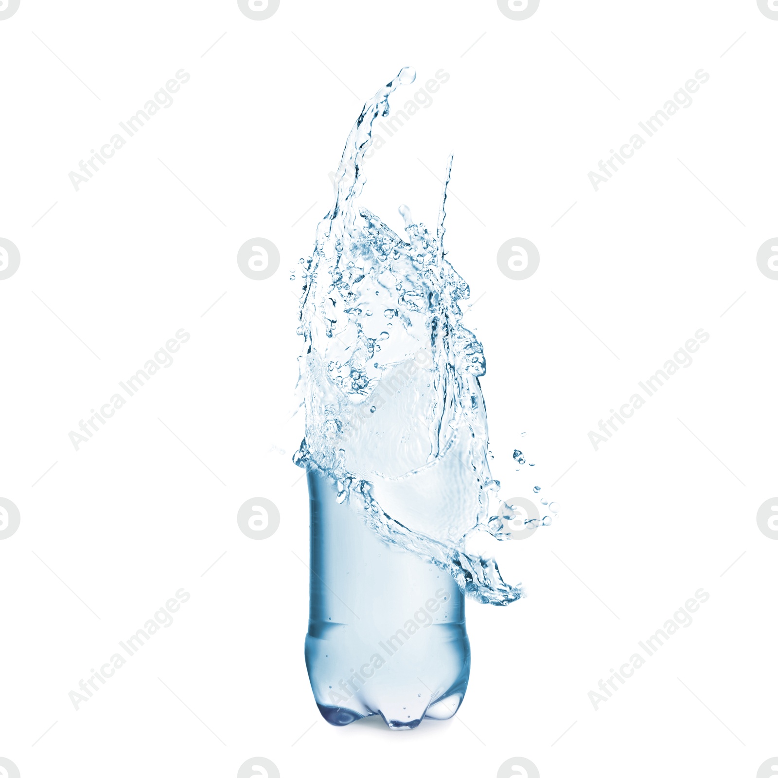 Image of Splashing water continuing shape of bottle on white background