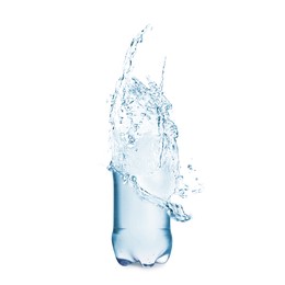 Image of Splashing water continuing shape of bottle on white background