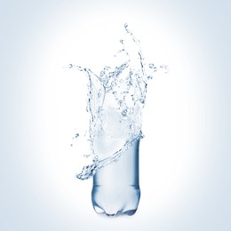 Image of Splashing water continuing shape of bottle on light background