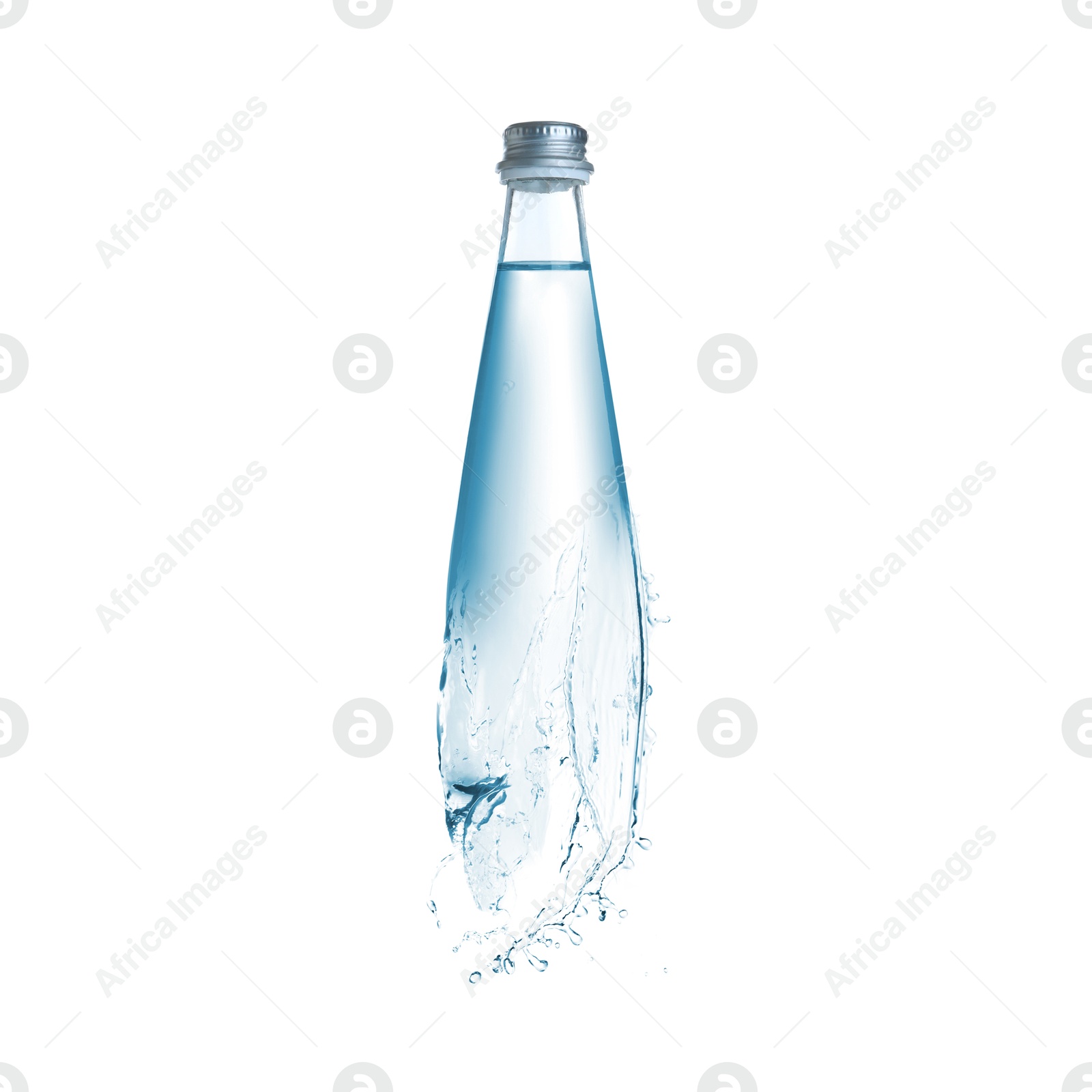 Image of Splashing water continuing shape of bottle on white background