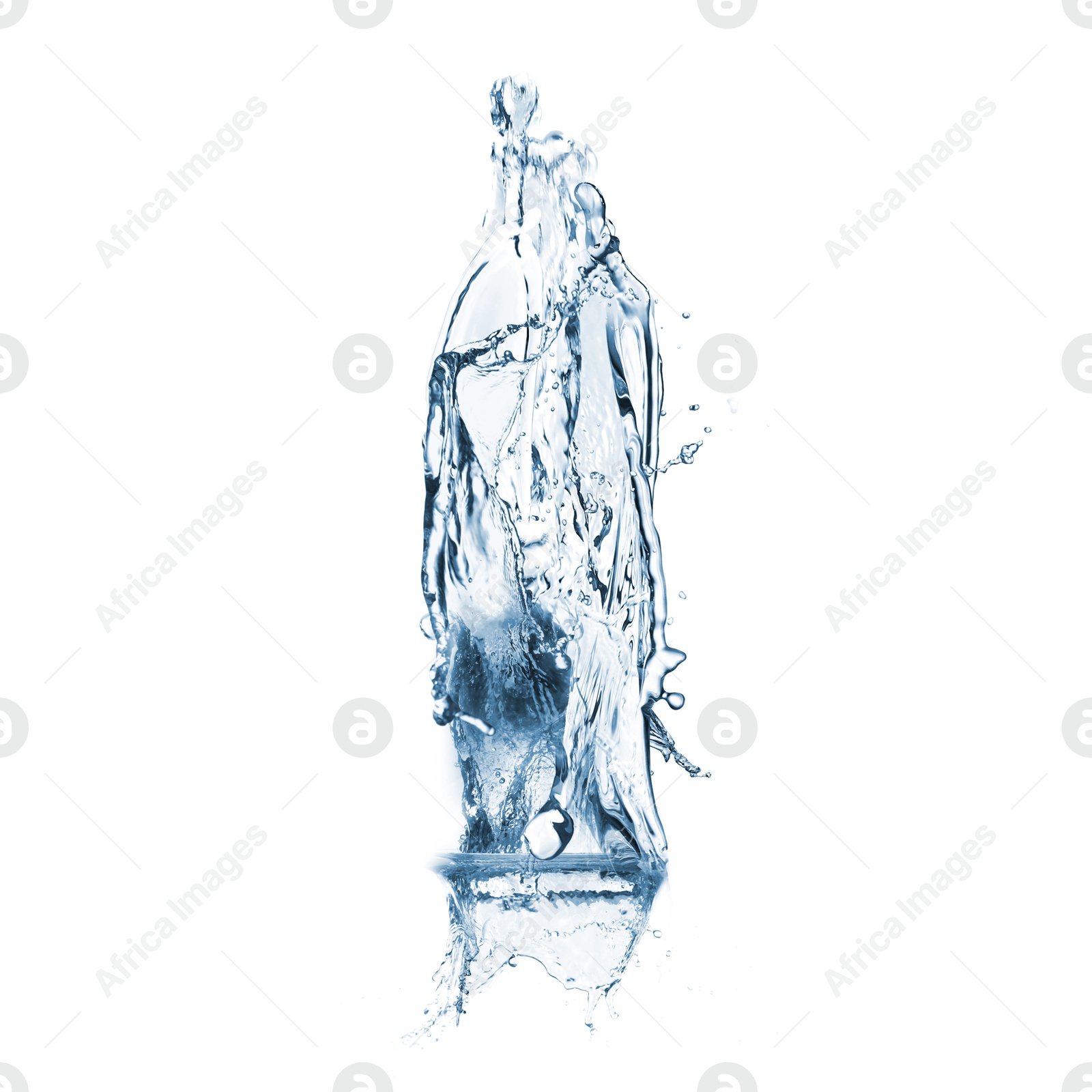 Image of Water splashing in contour of bottle on white background